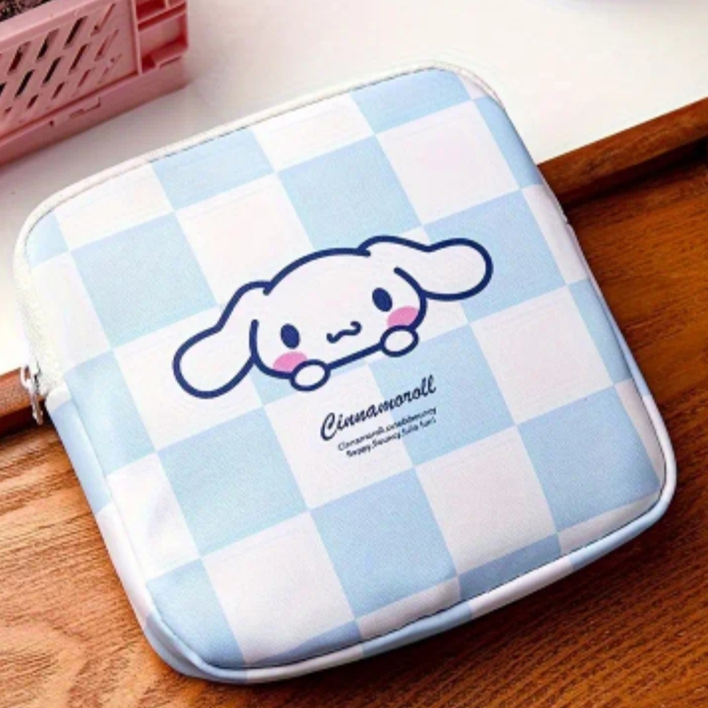 Blue and White Checkered Sanitary Pouch With Cinnamoroll